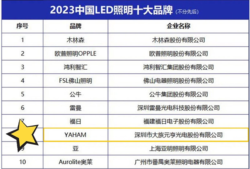 Yaham Lighting Wins Top 10 Chinese LED Lighting Brands - yaham